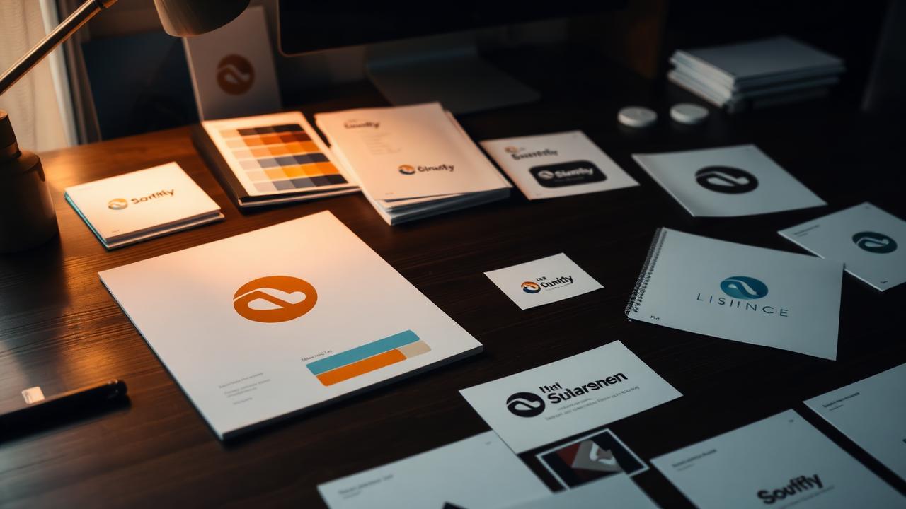 Mesa de design com identidade visual, paleta de cores e materiais de marca: serviço de Artes Gráficas e branding B2B da BGCOM Martech