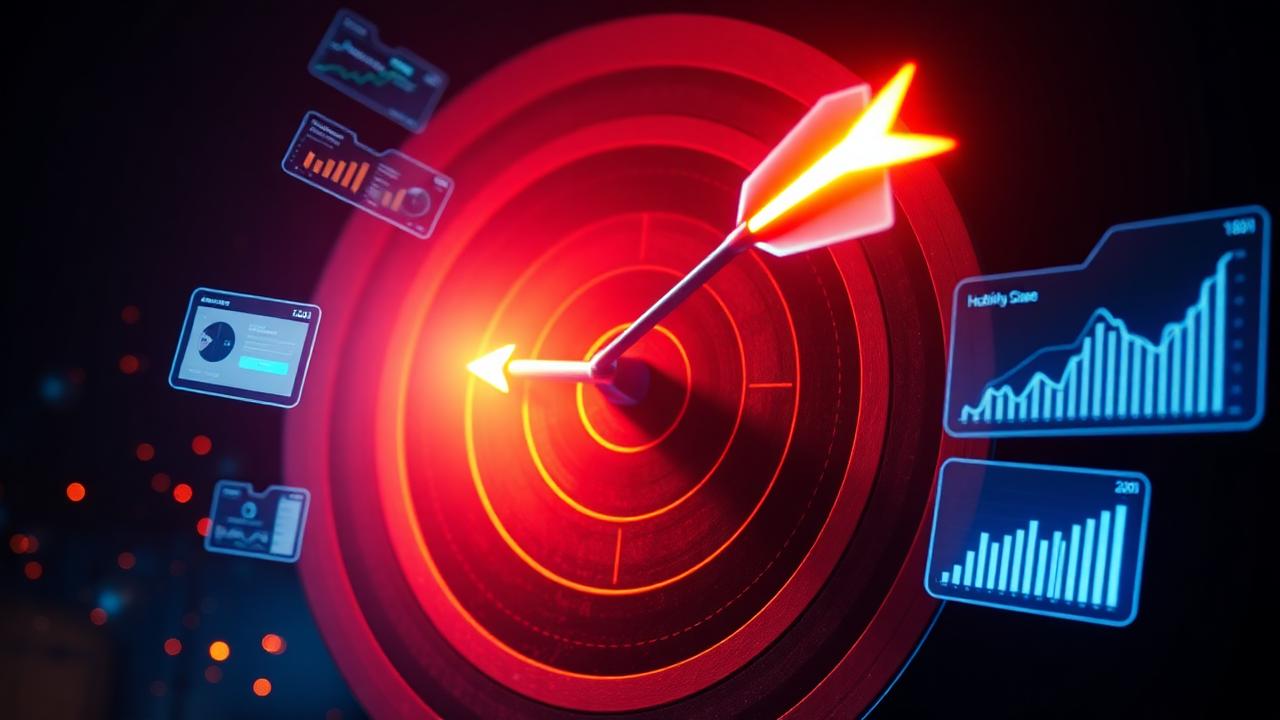 Alvo com flecha cravada no centro cercado por dashboards de campanhas: gestão de Tráfego Pago em Meta Ads, Google Ads e LinkedIn Ads pela BGCOM Martech