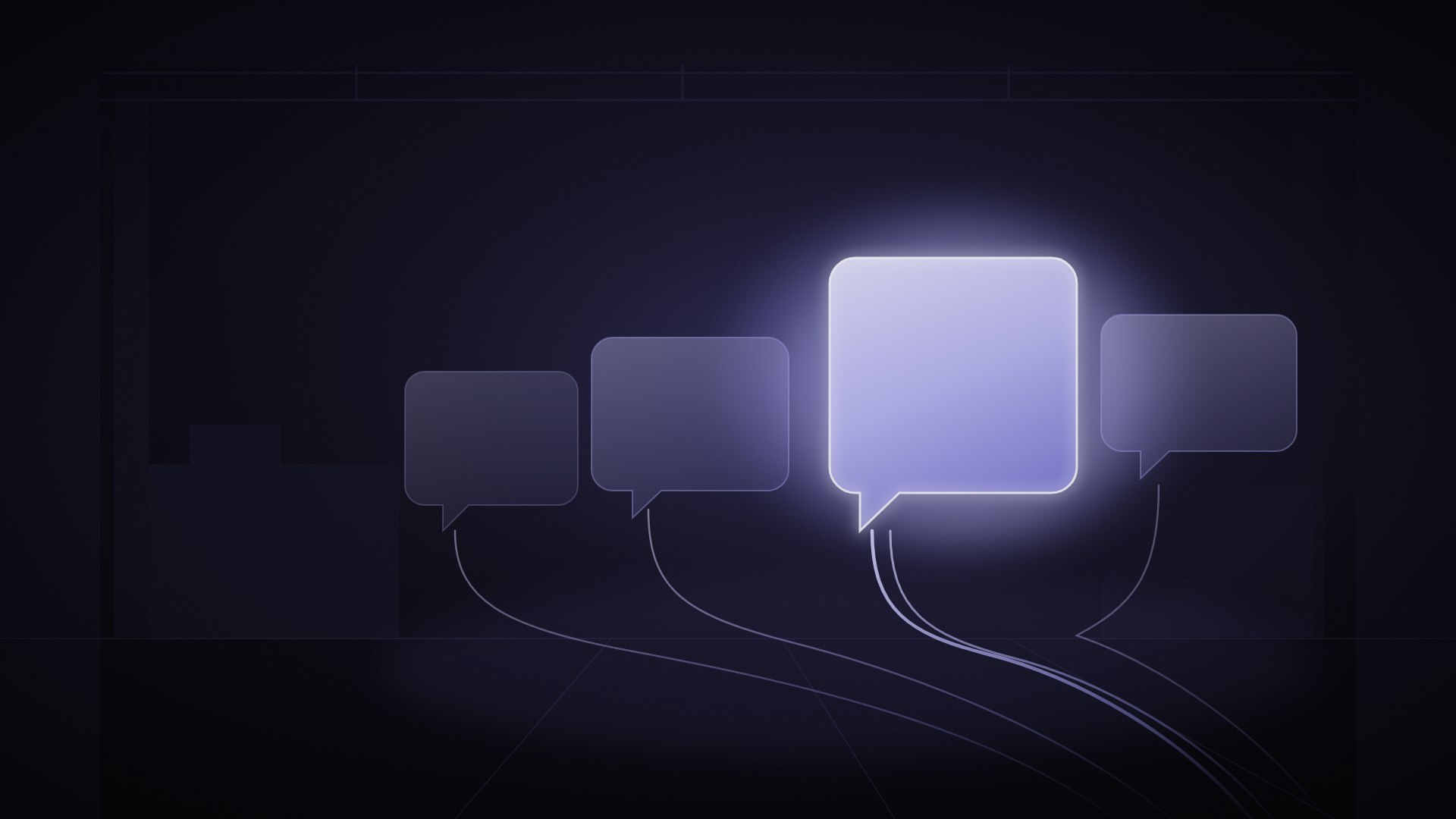 Quatro balões de conversa flutuando em ambiente industrial escuro, apenas um aceso, simbolizando a mensagem de WhatsApp que passa a ser cobrada pela Meta